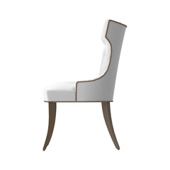 Luxury white tufted wingback dining chair with nailhead trim, side view, 3D render, isolated on transparent background.