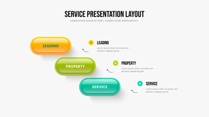 Advertising Report Frame Design Vector Illustration. Marketing Planning Three Element Infographic Slide Template. Investor Overview 3 Step Diagram Slideshow Layout.