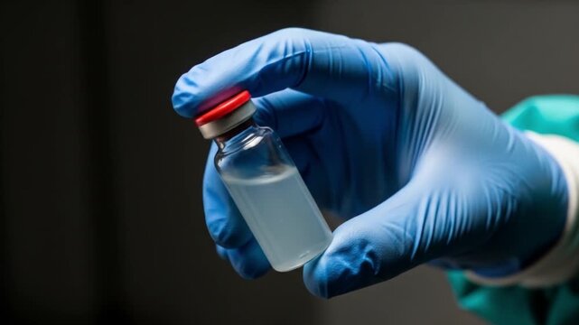 Healthcare worker's gloved hand holding a clear liquid vaccine or medication vial, representing medical treatment, research, and global health solu...