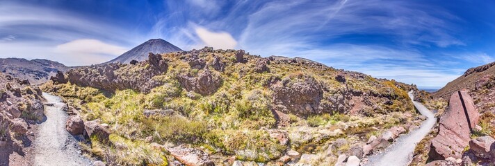 Volcanic trail with Mount Ngauruhoe in distance
