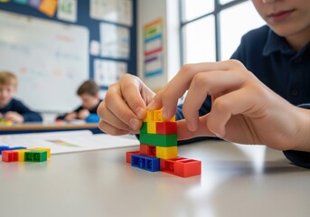 Fototapeta premium Student Engaged in Puzzle and Building Blocks, Learning Development