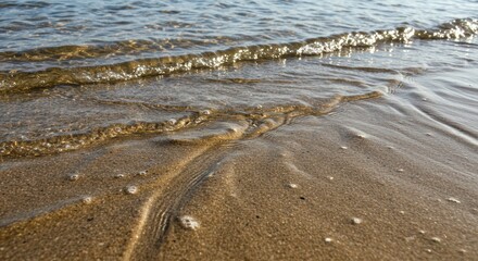 Serene Coastal Scene: Crystal-Clear Water Receding Over Golden Sand, Tranquil Beach Texture