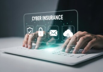Person typing on a laptop with a cyber insurance digital interface overlay