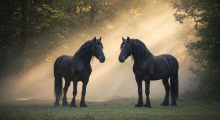 Two majestic black horses stand gracefully in a sun-drenched forest clearing creating a serene and