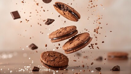 Chocolate cookies and crumbs float magically in mid-air, perfect for dessert branding, snack packaging, and bakery campaigns.