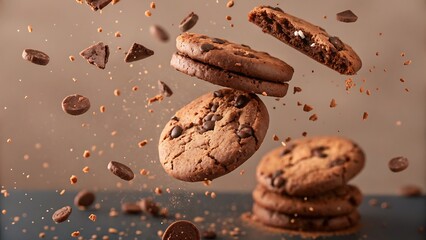 Chocolate cookies and crumbs float magically in mid-air, perfect for dessert branding, snack packaging, and bakery campaigns.
