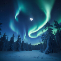 Northern lights dancing over a snowy forest in Finland stars twinkling in the sky