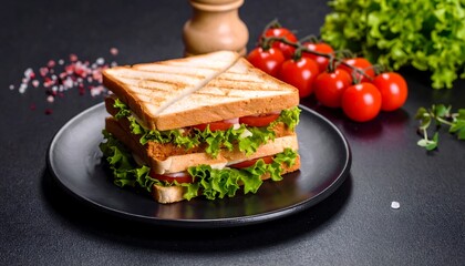 Gourmet sandwich on dark plate