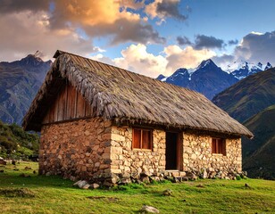 Obraz premium Rustic mountain hut at sunset