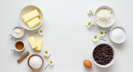 Elevated Flatlay of Baking Ingredients with Daisies, Minimalist Kitchen Still Life