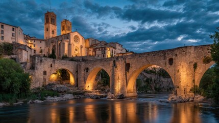 Fototapeta premium Historic stone bridge overlooking river in old town with church and sky.