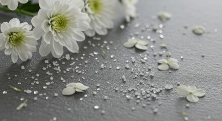 Delicate White Chrysanthemums with Sparkling Salt Crystals on a Textured Surface
