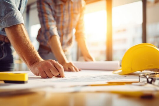 Two architects working on building plans in sunlight with safety helmet and tools.