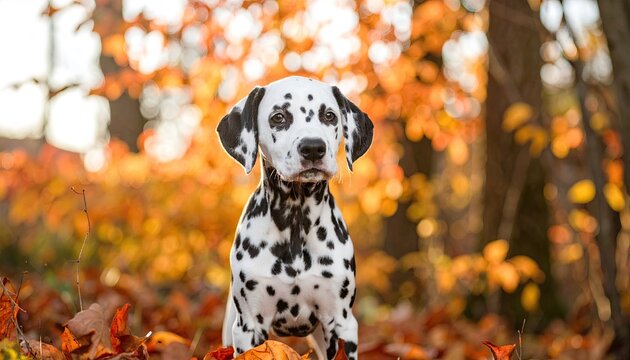 Adorable Dalmatian puppy amidst autumn leaves