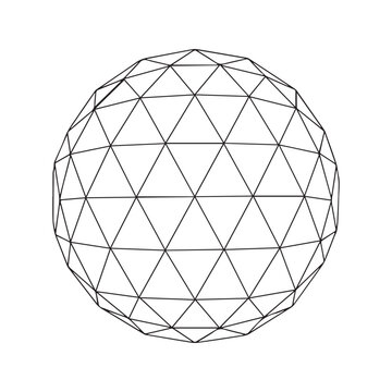 Wireframe geodesic sphere. Abstract 3D geometric shape with triangular low poly mesh. Vector line art illustration.