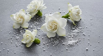 Elegant White Gardenia Blooms with Scattered Salt Crystals on Grey Texture