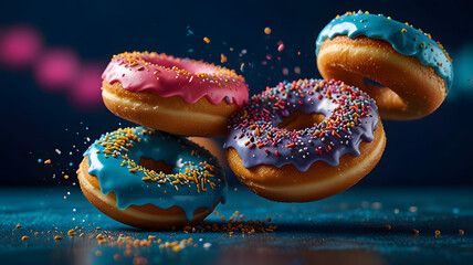 Flying Donuts with Colorful Frosting and Sprinkles on Dark Background