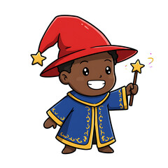 Cute Black Skinned Wizard Cartoon Isolated Blue Background
