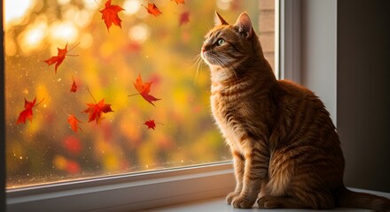 Cat Watching Autumn Leaves