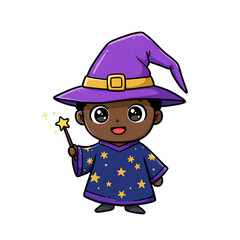 Cute Black Skinned Wizard Cartoon Isolated Blue Background