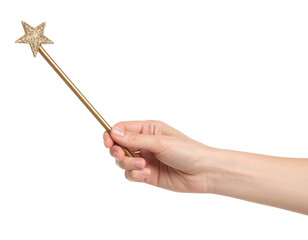 A hand holds a golden star-tipped magic wand with a slender handle.