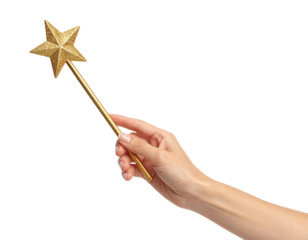 A hand holds a gold star-shaped magic wand with a glittery texture and a slender handle.