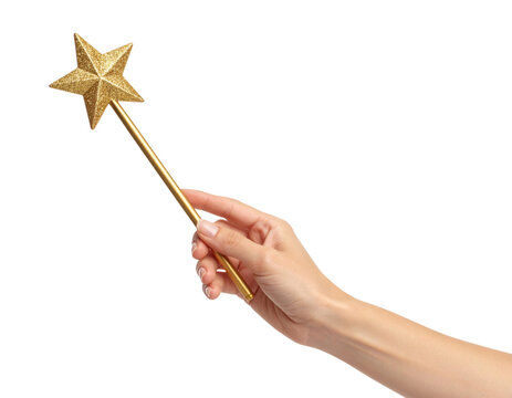A hand holds a gold star-shaped magic wand with a glittery texture and a slender handle.
