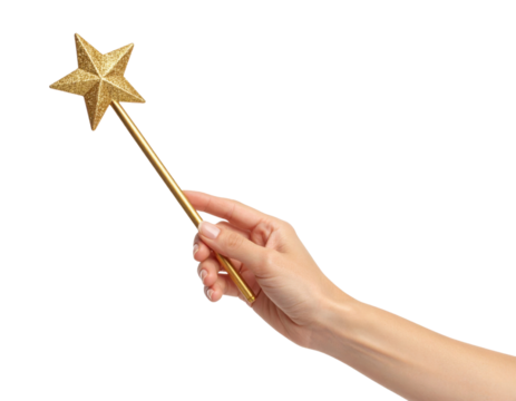 A hand holds a gold star-shaped magic wand with a glittery texture and a slender handle.