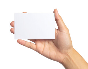 Obraz premium A hand holding a blank white business card against a black background, ready for personalized text or design.