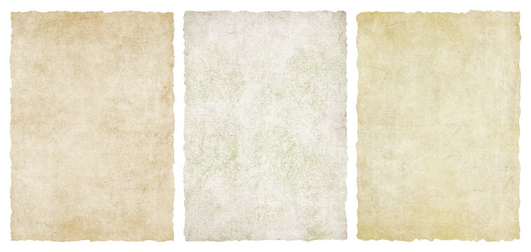 Set of vintage old parchment paper backgrounds with distress textures and rough torn edges