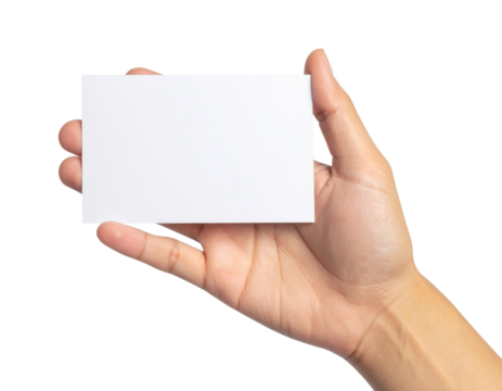 A hand holding a blank white business card against a black background, ready for personalized text or design.