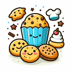 Cartoon image shows a cupcake various cookies dessert and chefs hat against a white background