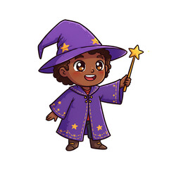 Cute Black Skinned Wizard Cartoon Isolated Blue Background