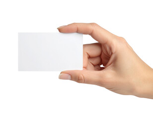 A hand holding a blank white business card between thumb and forefinger, positioned horizontally.