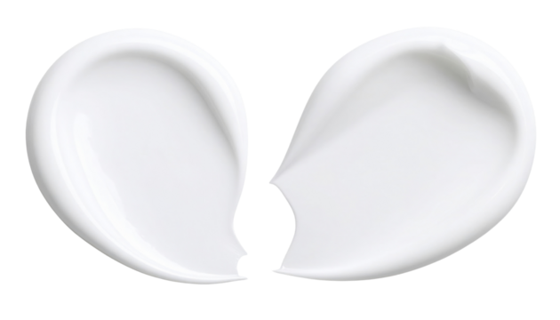 Two smooth, white cream swirls shaped like teardrops or petals, with glossy texture and soft shadows.