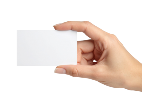 A hand holding a blank white business card between thumb and forefinger, positioned horizontally.