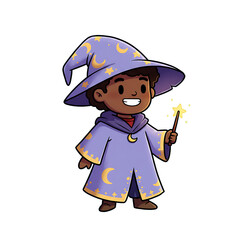 Cute Black Skinned Wizard Cartoon Isolated Blue Background