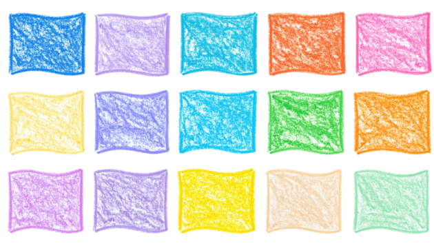 A collection of colorful crayon scribbles arranged in a grid pattern with various shades of blue, purple, orange, yellow, green, and pink. - Powered by Adobe
