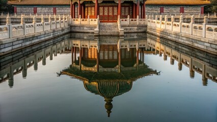 Cultural temple  Reflected in Water concept. A tranquil reflection of traditional architecture in still water.
