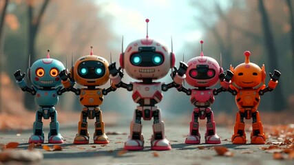 Colorful robots on autumn path, vibrant and playful - Powered by Adobe