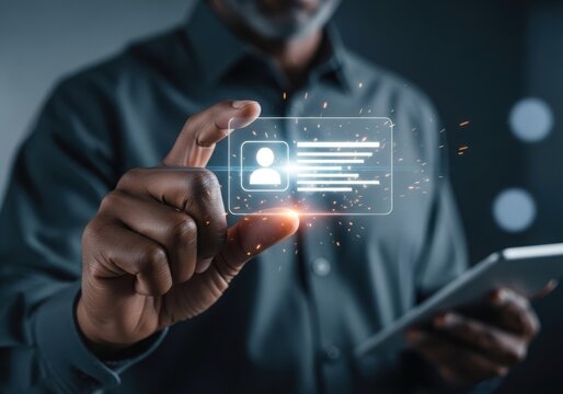 Man holds futuristic digital identity card with glowing data and sparks