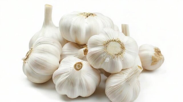 A stack of garlic cloves on a white background