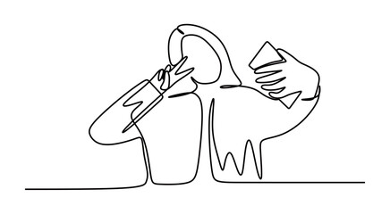 continuous line art of a young woman posing and taking a selfie
