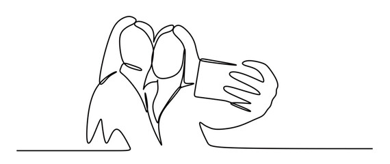 the continuous line art of two young women posing and taking a selfie