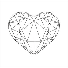 Geometric heart symbol. Abstract low poly wireframe icon with triangular facets. Modern diamond line art vector.