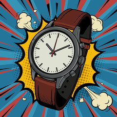 Stylish wristwatch in pop art style with vibrant comic background  