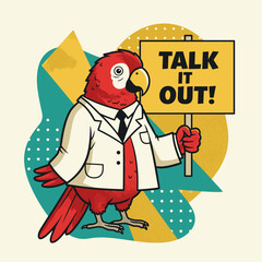 Cartoon parrot in suit holding sign that says "Talk it Out!"  