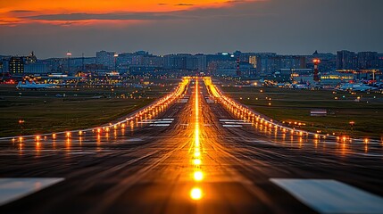 Airport runway at dusk, illuminated by lights.