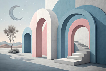 Minimal Architecture Art Illustration | Abstract Arches with Moon Design