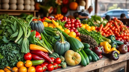 Colorful assortment of fresh vegetables neatly arranged on a rustic wooden market stall.